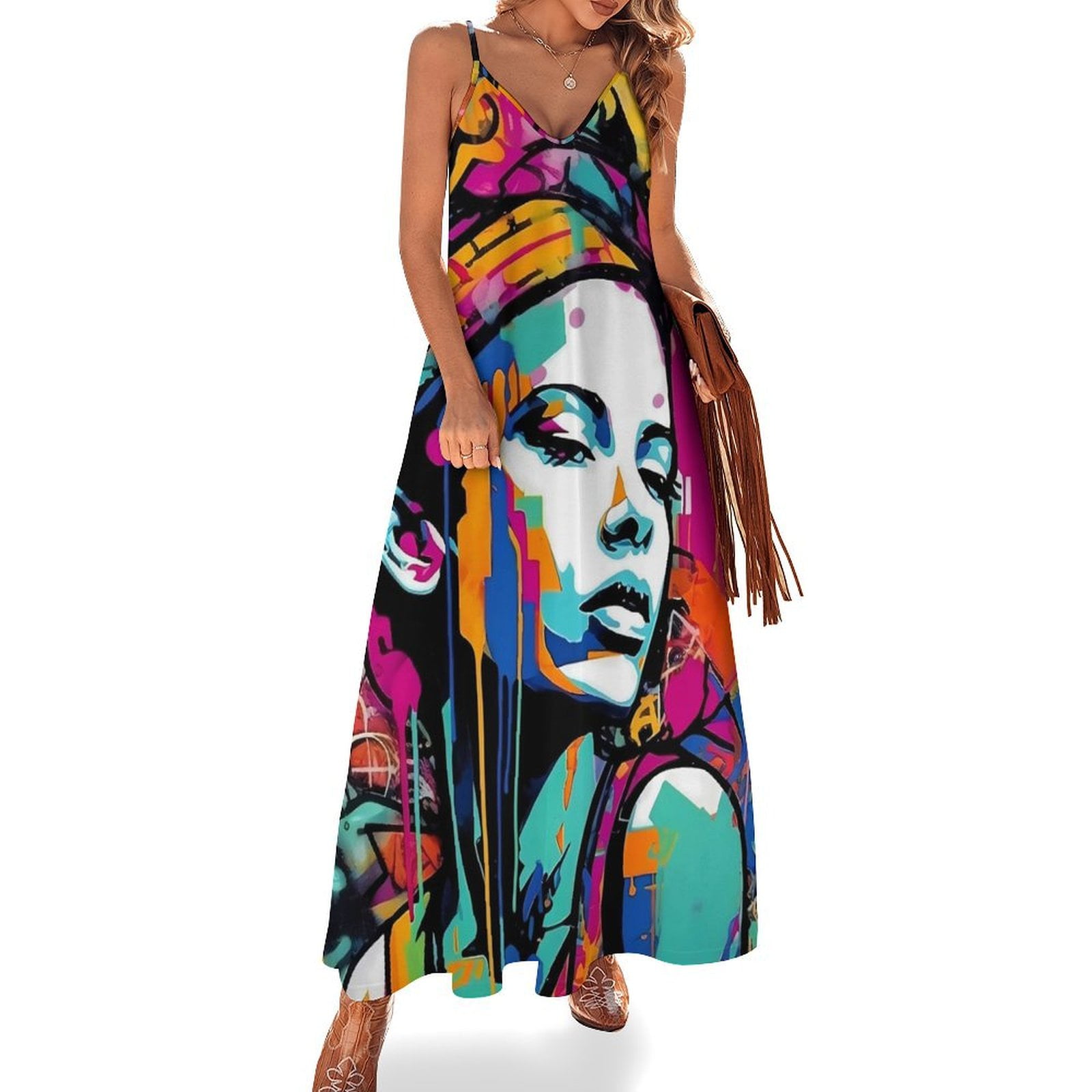 Artistic Graffiti Print Contrast Strap Maxi Dress