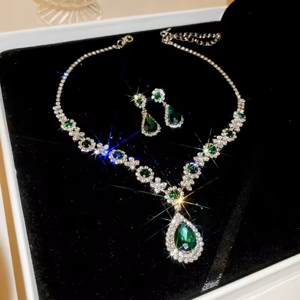 Green Crystal Drop Earrings For Women - Sparkly Diamond Pendant Earrings For Wedding & Party