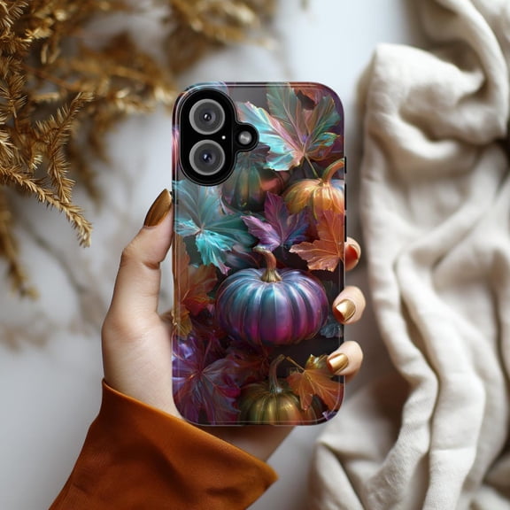 Shiny Halloween Pumpkin with Autumn Leaves Metallic Effect Seasonal Art iPhone Tough Case