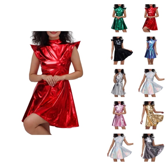 Shiny Holographic Metallic Dress for Women Neck High Waisted Knee Length Flare Skater Dress Rave Party Outfits