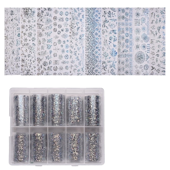 Shiny Laser Nail Art Transfer Stickers Nail Decals DIY Nail Tips Decoration Silver Mixed Patterns 40mm about 1m/roll 10rolls/box