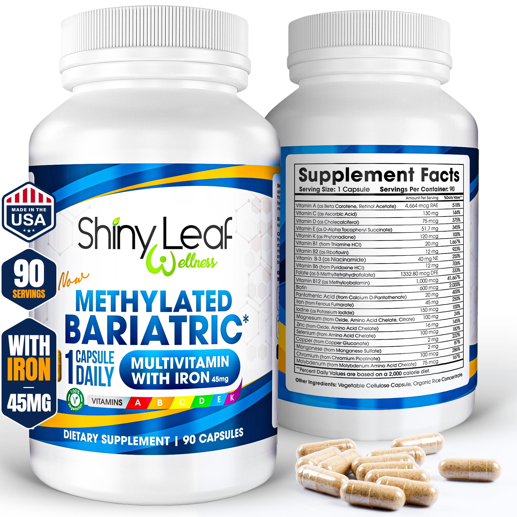 Shiny Leaf Methylated Bariatric Multivitamin with Iron - 45 mg for Gastric Bypass, Sleeve, Roux-en-Y, Duodenal Switch, Made In USA, 22 Vitamins & Minerals, ASMBS Compliant, Vegetarian, GMP, 90 Ct.
