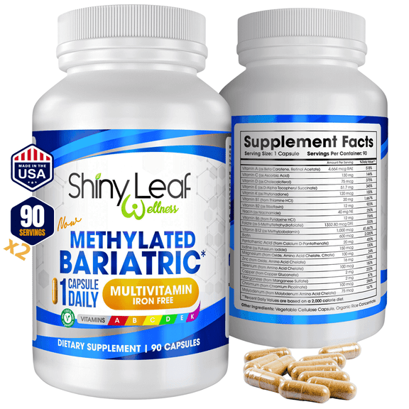Shiny Leaf Methylated Bariatric Multivitamin Without Iron 1 Daily Capsule with Methylated Folate & B12, Vitamins A, C, D, Biotin, Zinc, K For Gastric Bypass & Sleeve Vegetarian, Soy-Free, 180ct