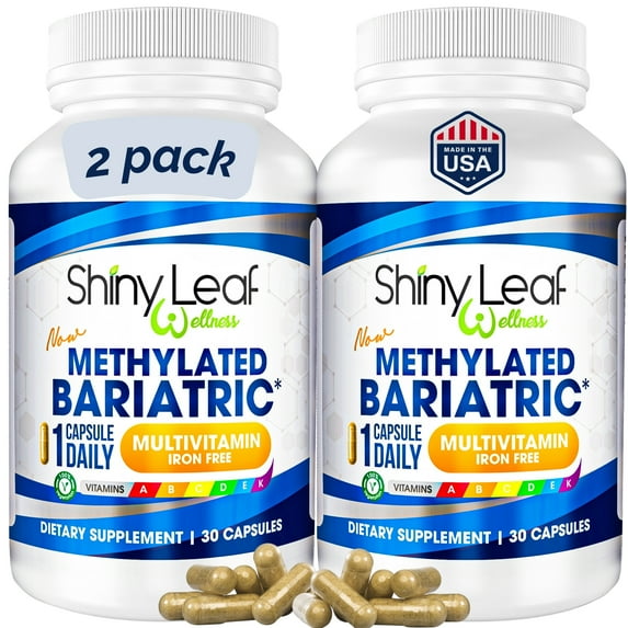 Shiny Leaf Methylated Bariatric Multivitamin Without Iron – 1 Daily Capsule with Methylated Folate & B12, Vitamins A, C, D, Biotin, Zinc, K – For Gastric Bypass & Sleeve – Vegetarian, Soy-Free, 60ct