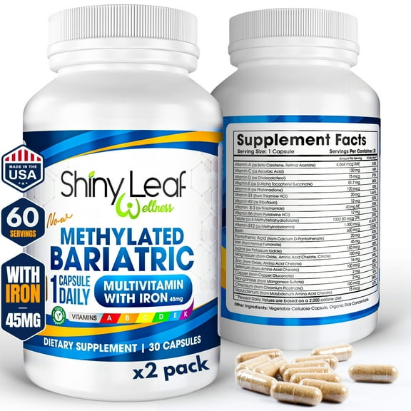 Shiny Leaf Methylated Bariatric Multivitamin with Iron - 45 mg for Gastric Bypass, Sleeve Gastrectomy, Roux-en-Y, Duodenal Switch - 22 Vitamins & Minerals, ASMBS Compliant, Made In USA, GMP, 60 Ct.