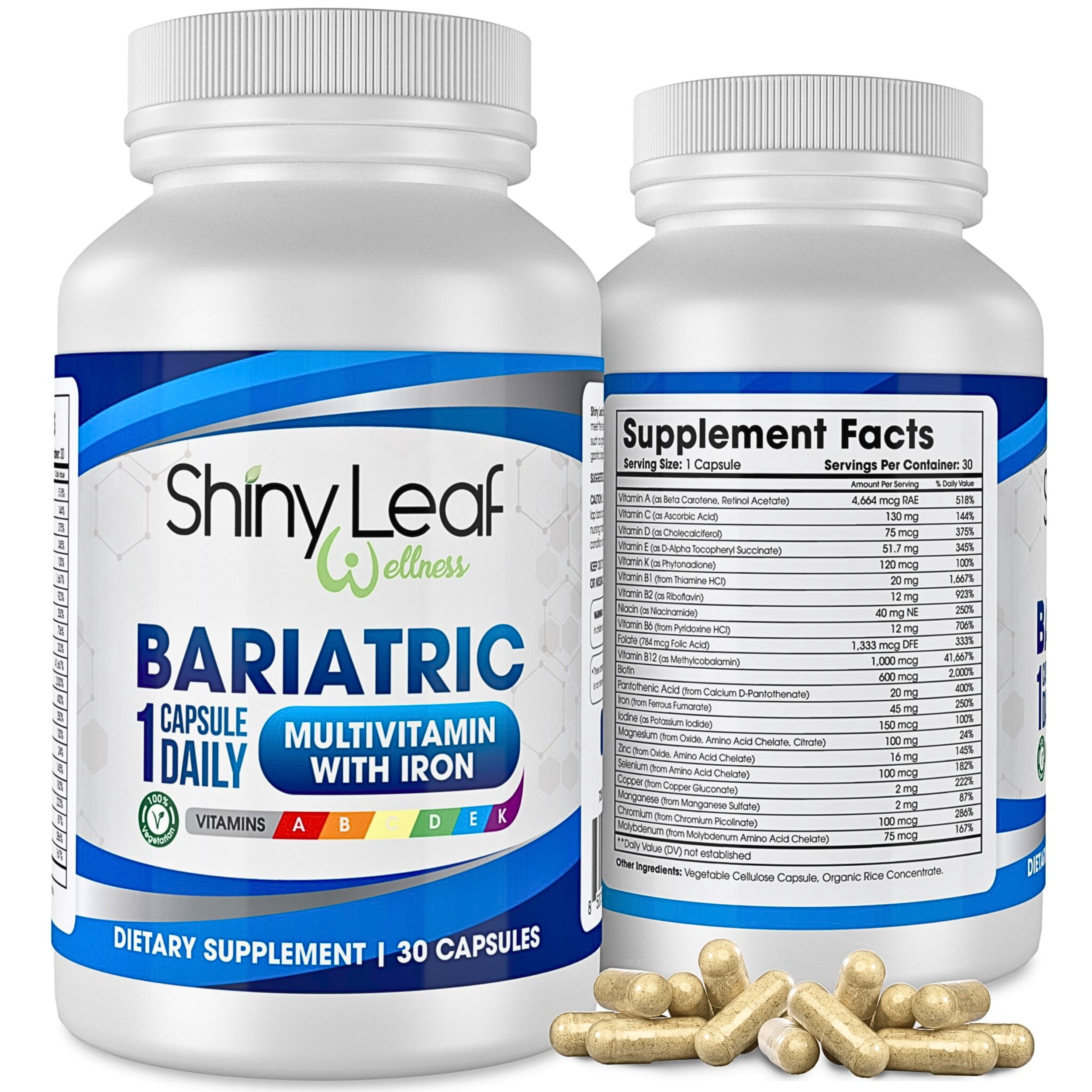 Shiny Leaf Methylated Bariatric Multivitamin with Iron - 45 mg for Gastric Bypass, Sleeve Gastrectomy, Roux-en-Y, Duodenal Switch - 22 Vitamins & Minerals, ASMBS Compliant, Made In USA, GMP, 30 Ct.