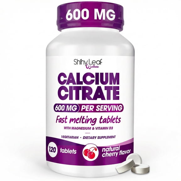 Shiny Leaf Calcium Citrate 600mg with Vitamin D3 & Magnesium - Fast Melting Bariatric Calcium for Post Surgery - Smooth Dissolving, Non-Chalky Alternative to Chewable Chews - Cherry, 120 Ct