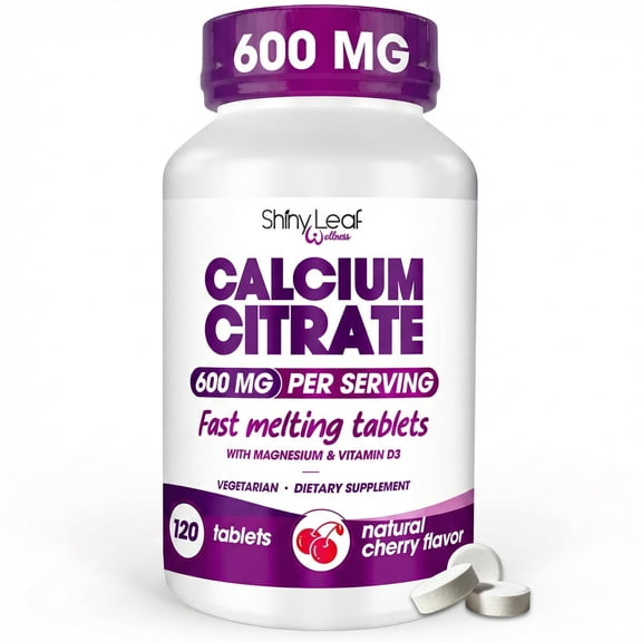 Shiny Leaf Calcium Citrate 600mg with Vitamin D3 & Magnesium - Fast Melting Bariatric Calcium for Post Surgery - Smooth Dissolving, Non-Chalky Alternative to Chewable Chews - Cherry, 120 Ct