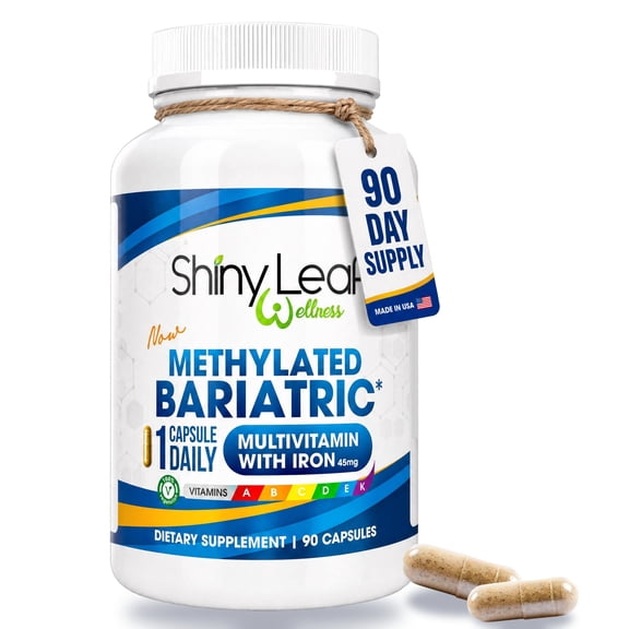 Shiny Leaf Methylated Bariatric Multivitamin with Iron - 45 mg for Gastric Bypass, Sleeve, Roux-en-Y, Duodenal Switch, Made In USA, 22 Vitamins & Minerals, ASMBS Compliant, Vegetarian, GMP, 90 Ct.