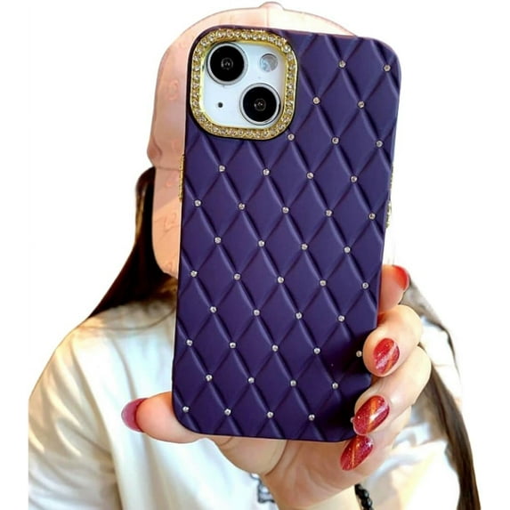 Shiny Lens Frame Diamond Grid Phone case, Anti-Drop Protection, Small Fragrance Style, Multiple Colours Available, for iPhone 15 14 13 12 11 Pro Max Phone case (Dark Purple,iPhone 14)