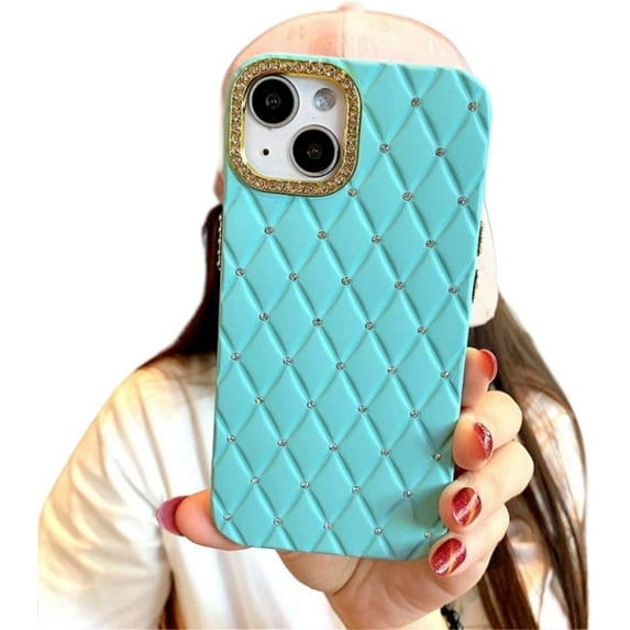 Shiny Lens Frame Diamond Grid Phone case, Anti-Drop Protection, Small Fragrance Style, Multiple Colours Available, for iPhone 15 14 13 12 11 Pro Max Phone case (Light Green,iPhone 15)