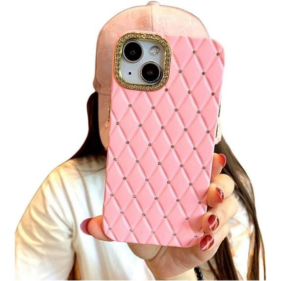 Shiny Lens Frame Diamond Grid Phone case, Anti-Drop Protection, Small Fragrance Style, Multiple Colours Available, for iPhone 15 14 13 12 11 Pro Max Phone case (Pink,iPhone 13 Pro)