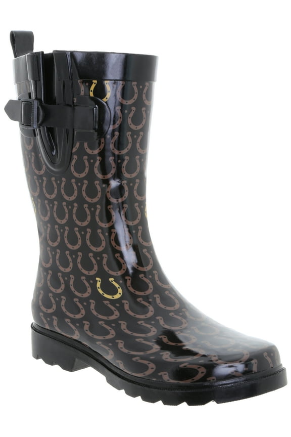 Lucky Horseshoes Rubber Mid Calf Sporty Women Rain Boot