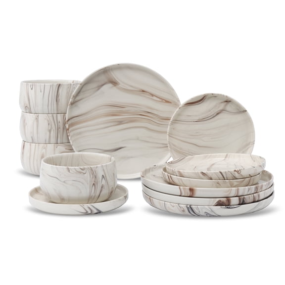 Shiny Marble Pattern Dinnerware Set, 12 Piece Service for 4, Microwave and Dishwasher Safe