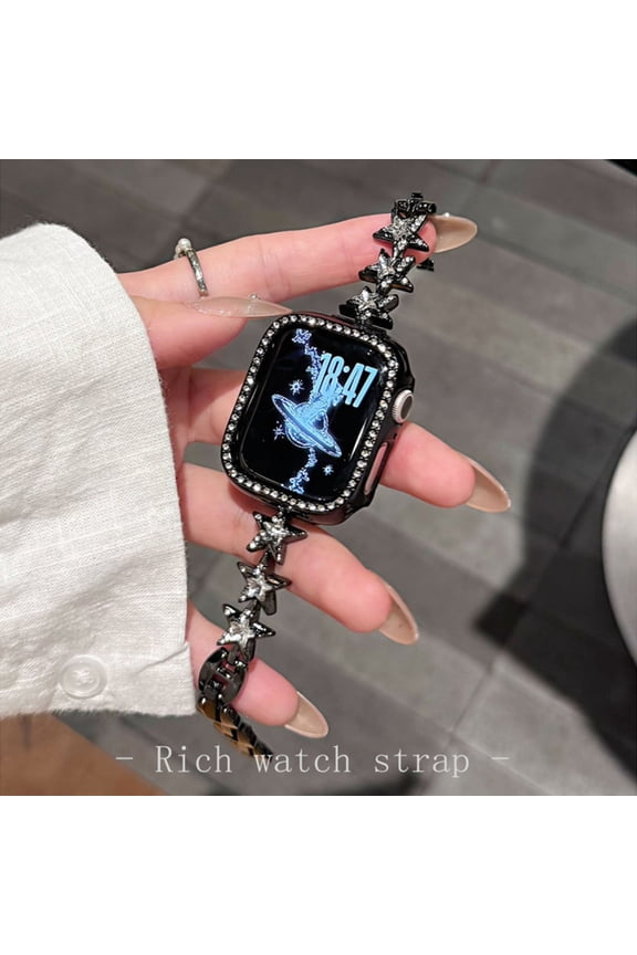 Shiny Metal Star Band for Apple Watch 38/40/41/42mm(S10), Compatible with iWatch Series 10 9 8 SE Ultra 7 6 5 4 3 2 1, Adjustable Strap with Rhinestone Stars for Women, Black