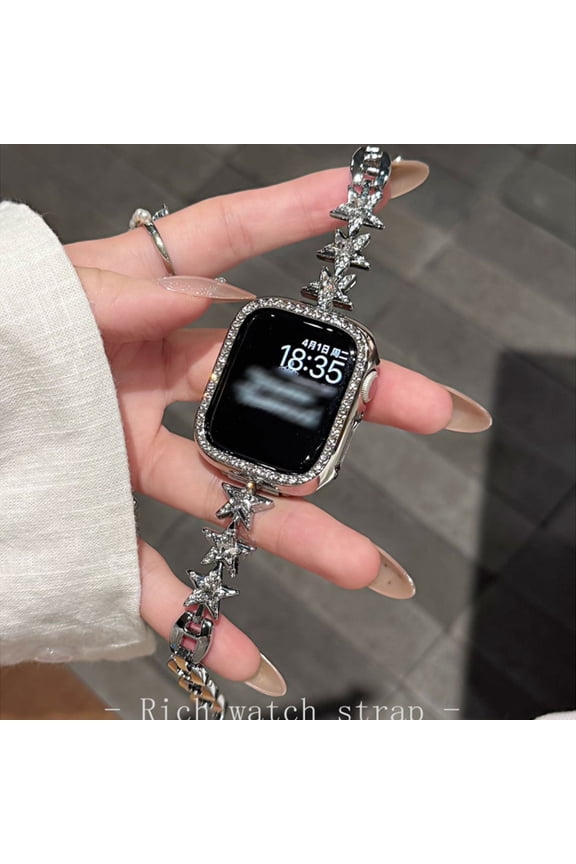 Shiny Metal Star Band for Apple Watch 42(Series 1/2/3)/44/45/46/49mm, Compatible with iWatch Series 10 9 8 SE Ultra 7 6 5 4 3 2 1, Adjustable Strap with Rhinestone Stars for Women, Silver