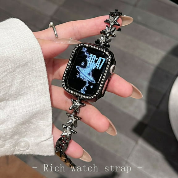 Shiny Metal Star Band for Apple Watch 42(Series 1/2/3)/44/45/46/49mm, Compatible with iWatch Series 10 9 8 SE Ultra 7 6 5 4 3 2 1, Adjustable Strap with Rhinestone Stars for Women, Black