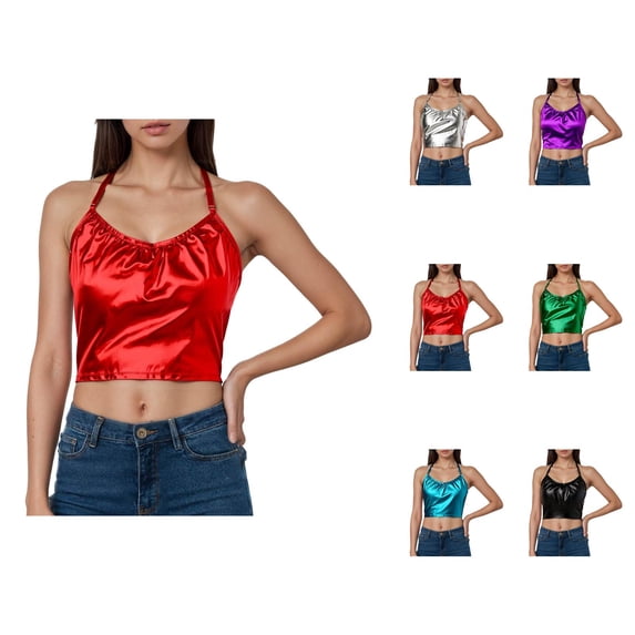 Shiny Metallic Crop Camisole Tops for Women Halter Neck Low Back Sparkly Pu Leather Cami Tank Tops Disco Party Clubwear