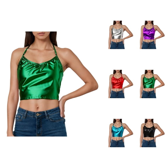 Shiny Metallic Crop Camisole Tops for Women Halter Neck Low Back Sparkly Pu Leather Cami Tank Tops Disco Party Clubwear