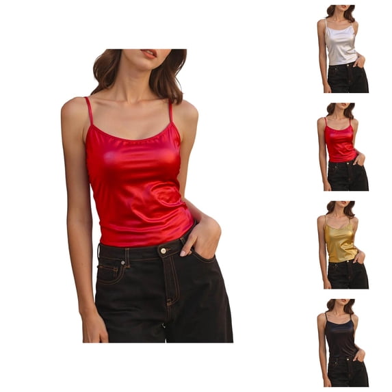 Shiny Metallic Crop Camisole Tops for Women Sparkly Pu Leather Spaghetti Strap Cami Top Disco Party Clubwear
