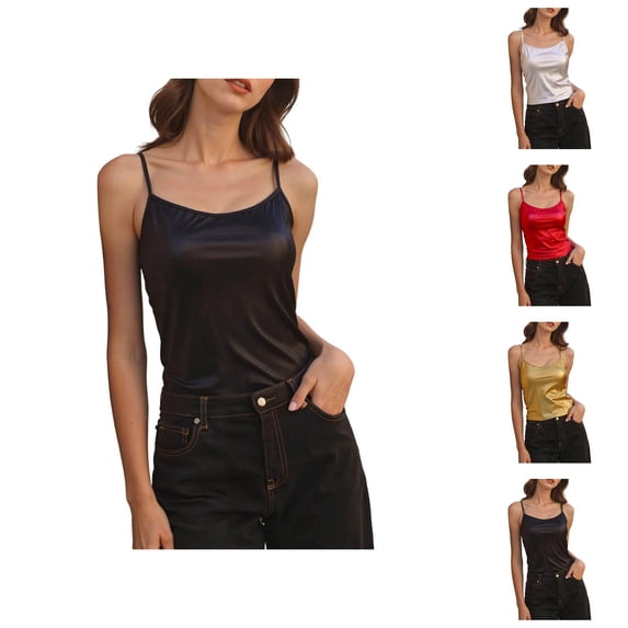 Shiny Metallic Crop Camisole Tops for Women Sparkly Pu Leather Spaghetti Strap Cami Top Disco Party Clubwear