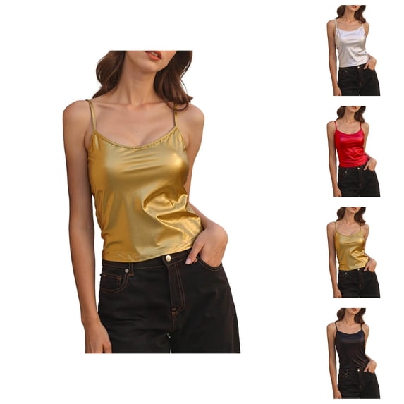 Shiny Metallic Crop Camisole Tops for Women Sparkly Pu Leather Spaghetti Strap Cami Top Disco Party Clubwear