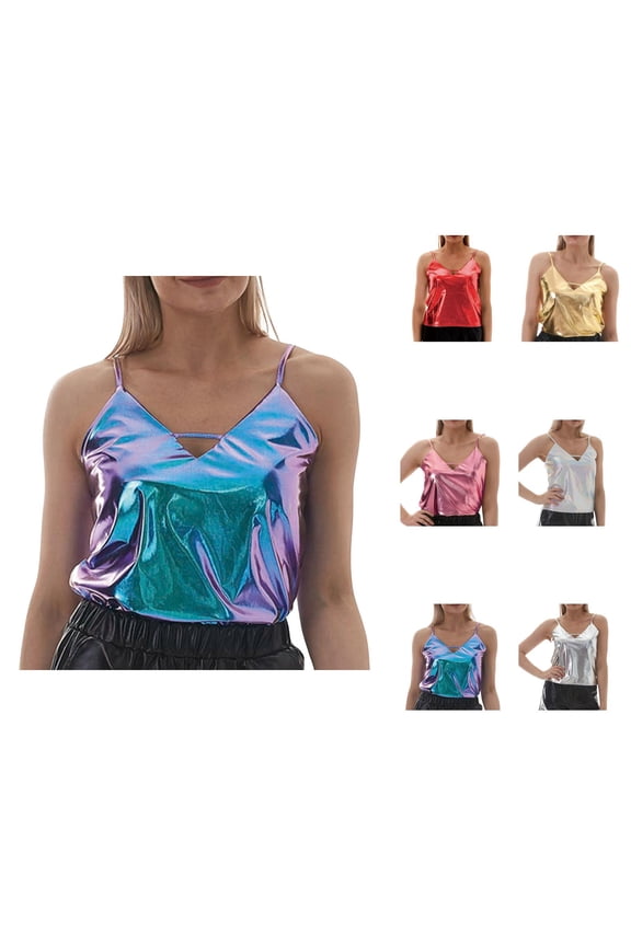Shiny Metallic Crop Camisole Tops for Women V Neck Spaghetti Strap Sparkly Holographic Cami Tank Tops Disco Party Clubwear