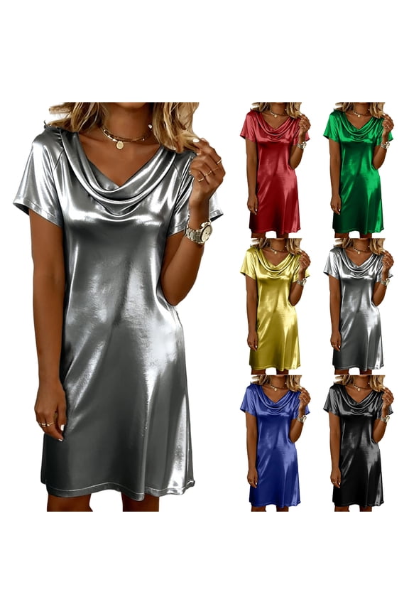 Shiny Metallic Dress Sexy Cowl Neck Short Sleeve Party Dress Sparkly Disco Clubwear Casual Glossy Cocktail Mini Dress