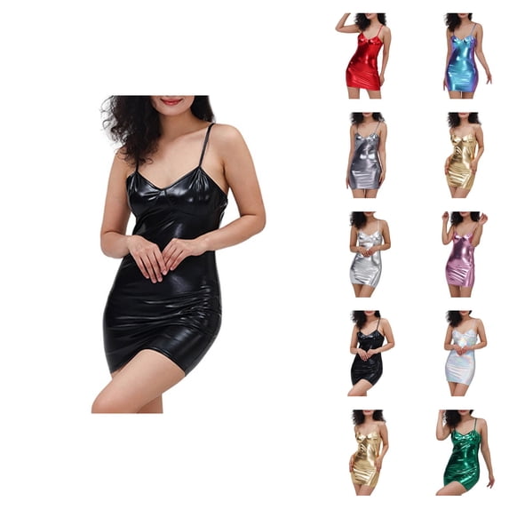 Shiny Metallic Dress for Women Pu Leather Sleeveless Spaghetti Strap V Neck Bodycon Cami Mini Dresses Night Club Dress