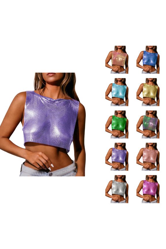 Shiny Metallic Holographic Crop Tank Tops for Women Sparkly Sequins Boat Neck Crop Top Disco Party Clubwear
