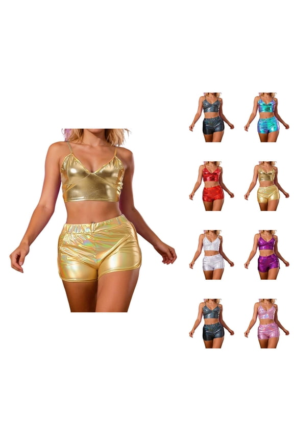 Shiny Metallic Holographic Crop Camisole Top and Shorts 2 Piece Matching Set Sparkly Pu Leather Rave Outfits