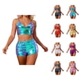 thumbnail image 1 of Shiny Metallic Holographic Crop Camisole Top and Shorts 2 Piece Matching Set Sparkly Pu Leather Rave Outfits, 1 of 4