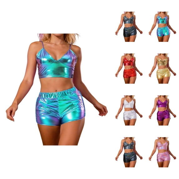 Shiny Metallic Holographic Crop Camisole Top and Shorts 2 Piece Matching Set Sparkly Pu Leather Rave Outfits