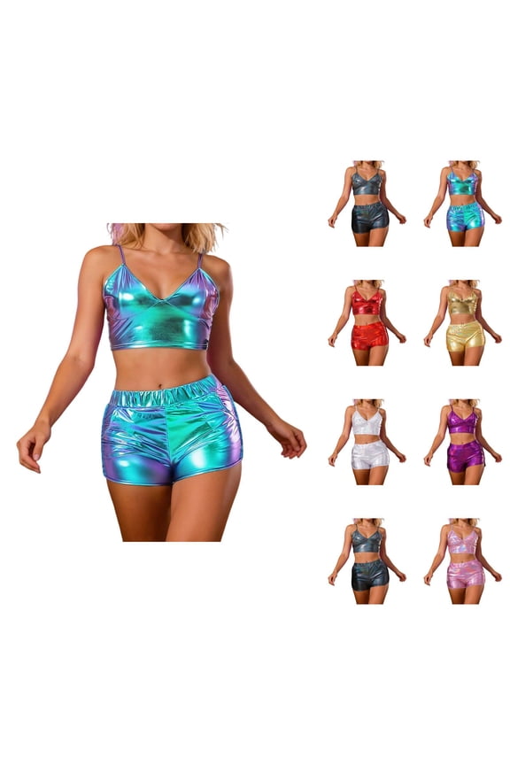 Shiny Metallic Holographic Crop Camisole Top and Shorts 2 Piece Matching Set Sparkly Pu Leather Rave Outfits