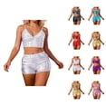 thumbnail image 1 of Shiny Metallic Holographic Crop Camisole Top and Shorts 2 Piece Matching Set Sparkly Pu Leather Rave Outfits, 1 of 5