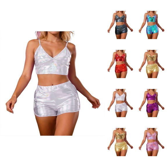 Shiny Metallic Holographic Crop Camisole Top and Shorts 2 Piece Matching Set Sparkly Pu Leather Rave Outfits