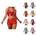 thumbnail image 1 of Shiny Metallic Holographic Crop Camisole Top and Shorts 2 Piece Matching Set Sparkly Pu Leather Rave Outfits, 1 of 4