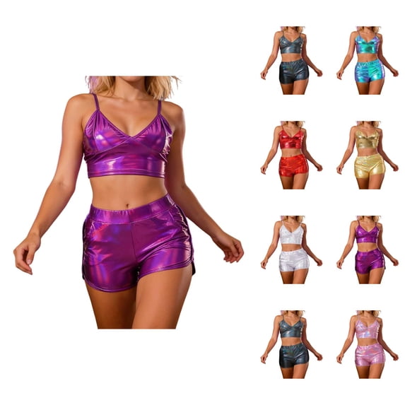 Shiny Metallic Holographic Crop Camisole Top and Shorts 2 Piece Matching Set Sparkly Pu Leather Rave Outfits