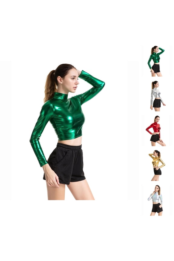 Shiny Metallic Holographic Tops for Women Long Sleeve Neck Pu Leather Slim Fit Cropped Top Disco Party Clubwear