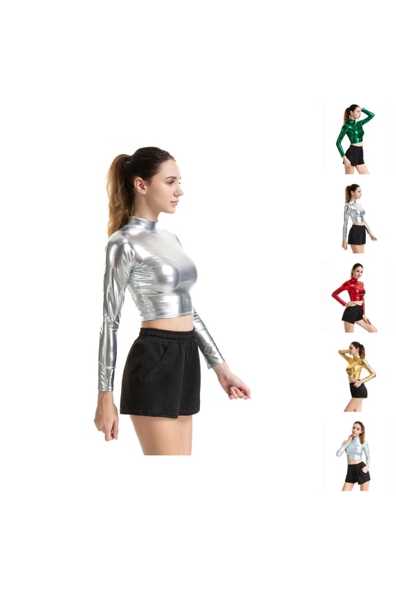 Shiny Metallic Holographic Tops for Women Long Sleeve Neck Pu Leather Slim Fit Cropped Top Disco Party Clubwear