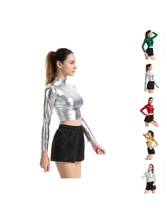 Long Sleeve Shirts for Women Metallic Crop Top Y2k Neck Shiny Fitted Tshirt Blouse for Disco Party Clubwear