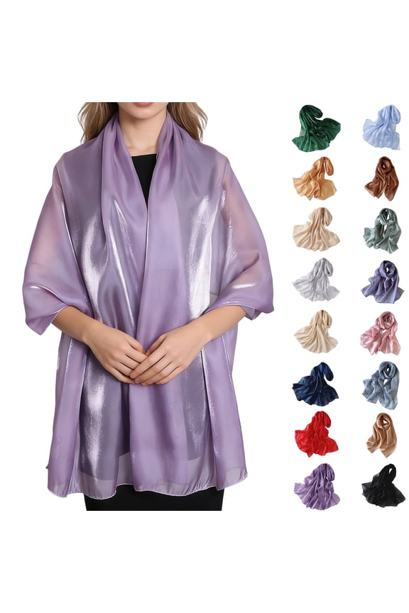 Shiny Metallic Organza Shawl with Lustrous Sheen and Lightweight Drape Featuring Solid Color Design White