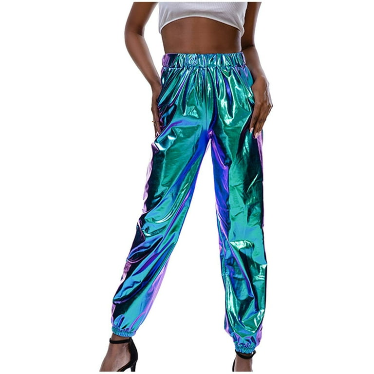 Shiny Metallic Pants for Women Joggers High Waist with Pockets Sweatpant Bright Color Hip Hop Club Party Wear Medium Blue