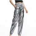 thumbnail image 1 of Shiny Metallic Pants for Women Joggers High Waist with Pockets Sweatpant Bright Color Hip Hop Club Party Wear (X-Large, Gray), 1 of 2