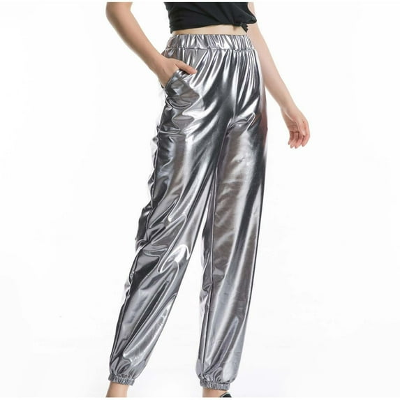 Shiny Metallic Pants for Women Joggers High Waist with Pockets Sweatpant Bright Color Hip Hop Club Party Wear (X-Large, Gray)