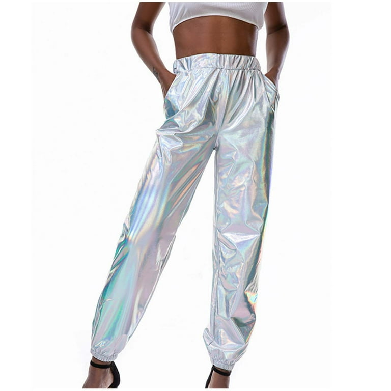 AKOEE Shiny Metallic Pants for Women Joggers High Waist with Pockets Sweatpant Bright Color Hip Hop Club Party Wear X Large White Women s Size