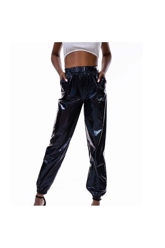 Shiny Metallic Pants for Women Joggers High Waist with Pockets Sweatpant Bright Color Hip Hop Club Party Wear (XX-Large, Black)
