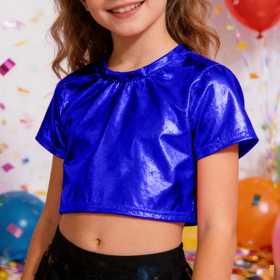 Shiny Metallic Performance Dance Top for Girls Stage Show Robot Role Play Cool Short Sleeve Crop Tee
