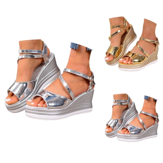 Shiny Metallic Platform Wedge Sandals for Women 2026 Summer Trendy Pu Leather Open Toe Ankle Strap Dressy Sandals