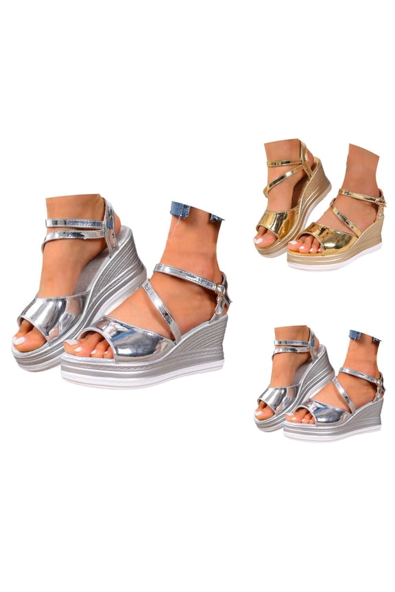 Shiny Metallic Platform Wedge Sandals for Women 2026 Summer Trendy Pu Leather Open Toe Ankle Strap Dressy Sandals